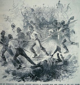 Tropas negras del Ejército de la Unión traen armas capturadas durante el asedio de Petersburg (1864-65) (litografía) de American School