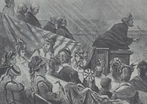 Brigham Young observado por sus muchas esposas jóvenes mientras predica en el Gran Tabernáculo Mormón, Utah de American School