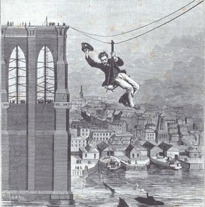 Puente de Brooklyn en construcción; el Sr. Farrington, supervisor jefe de construcción, es el primero en cruzar el tramo entre los dos pilares el 25 de agosto de 1876 (grabado) de American School