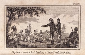 El capitán Lewis y Clarke celebrando un consejo con los indios, pub. 1812 (grabado)