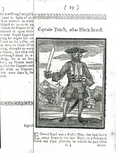 Capitán Teach, alias Barbanegra, de Historia y vidas de todos los piratas más notorios y sus tripulaciones, Londres, 1725