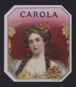 Carola, etiqueta de cigarro (chromolitho) de American School