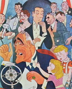 Comentario en viñetas sobre las "Charlas junto al fuego" del Presidente Roosevelt a la nación (litografía en color) de American School