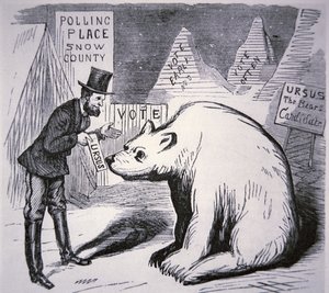 Caricatura que muestra a un político americano tratando de encontrar votantes en Alaska deshabitada de American School