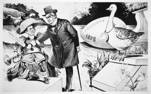 Caricatura que muestra al presidente McKinley tratando de silenciar la 