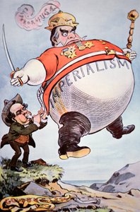 Caricatura que muestra a William Jennings Bryan (1860-1925) inflando el 