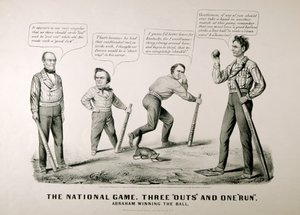 Caricatura mostrando a Abraham Lincoln (1809-65) ganando el balón contra sus oponentes Douglas, Bell y Breckenridge en la Elección Presidencial de 1860, 1860 de American School