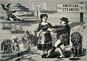 Caricatura que muestra a John Bull tratando de detener el creciente flujo de trabajadores hacia los EE.UU., c.1850 de American School