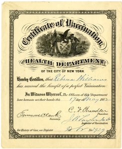 Certificado de vacunación, el Departamento de Salud de la Ciudad de Nueva York..., 1882 de American School
