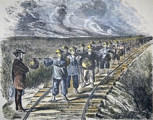 Charles Crocker (1822-88) y su fuerza laboral china construyendo el Ferrocarril Central del Pacífico, completado en 1869 de American School
