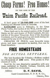 Granjas Baratas y Hogares Gratis en la línea del Ferrocarril Union Pacific, anuncio de Appletons Journal, 4 de mayo de 1872 de American School
