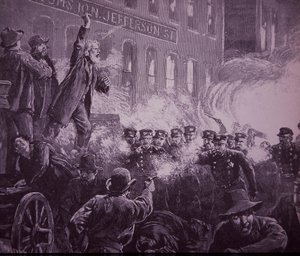 Motín laboral de Haymarket en Chicago de 1886, grabado publicado en Harper