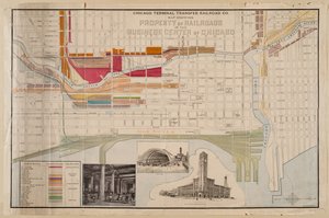 Mapa de Chicago Terminal Transfer Railroad Co. que muestra la propiedad de los ferrocarriles en el centro de negocios de Chicago, c.1898
