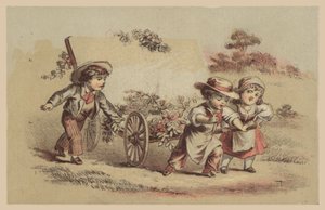 Niños tirando de un carro con flores de American School