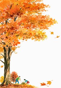 Niños rastrillando hojas de otoño bajo un gran arce de American School