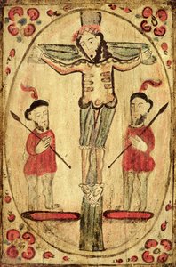 Cristo en la cruz y dos figuras de American School