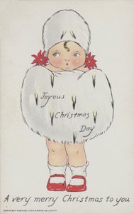 Tarjeta de felicitación navideña que representa a un niño con manguito y gorro de piel navideños. (cromolito) de American School
