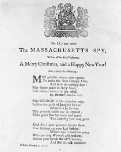 Saludos navideños del chico que lleva The Massachusetts Spy, impreso en The Massachusetts Spy el 1 de enero de 1771 de American School