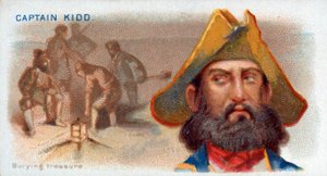Tarjeta de cigarrillos Capitán Kidd, enterrando tesoro, pub. 1888 litografía en color de American School