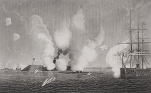 Combate entre el CSS Virginia Confederado (izquierda) y el USS Monitor de la Unión (centro) el 9 de marzo de 1862 en Hampton Roads, Virginia