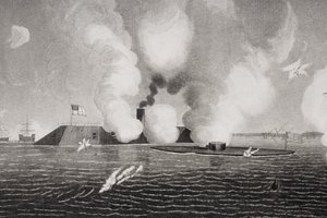 Combate entre el CSS Virginia Confederado (izquierda) y el USS Monitor de la Unión (derecha) el 9 de marzo de 1862 en Hampton Roads, Virginia (detalle) de American School