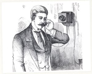 Teléfono condensador en uso, de The Electric Telephone por George Bartlett Prescott (n.1830), 1890 de American School