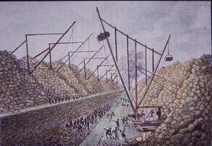 Grúas de construcción cerca de Lockport, Canal Erie