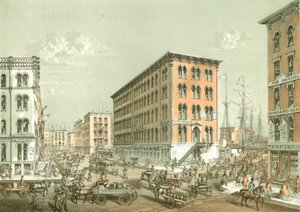 Esquina de Clark y South Water Street, de Chicago Illustrated, con descripciones literarias de James W. Sheahan, publicado por Jevne & Almini, Chicago, 1866-67