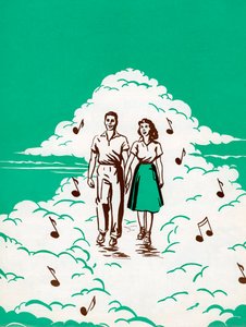 Pareja caminando entre nubes rodeada de notas musicales de American School