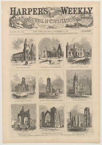 Portada de Harpers Weekly mostrando escenas de las iglesias arruinadas de Chicago, 11 de noviembre de 1871
