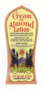 Crema de Loción de Almendra, etiqueta, J B Lynas & Son de American School