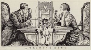 Cupido orquestando una llamada telefónica entre un hombre y una mujer (litografía) de American School