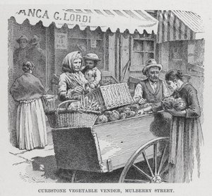 Vendedor de vegetales en la acera, Mulberry Street (litografía) de American School