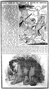Davy Crockett Pagando a Dos Franceses por Insultar a su Novia, Domando a una Leona, etc., ilustración de Crocketts Almanack de American School