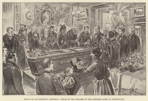 Muerte del ex presidente Harrison, escena en los salones de la casa de Harrison en Indianápolis (litografía) de American School