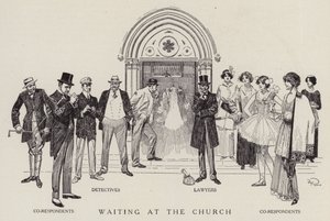 Detectives, abogados y corresponsales esperando a que termine una boda por la iglesia (litografía)