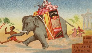 Elefante corriendo con caja de jabón para lavar de American School