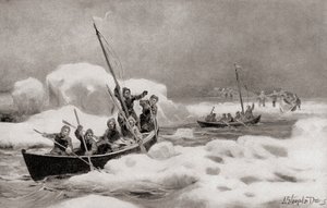 Elisha Kent Kane, líder de la Segunda Expedición Grinnell de 1853, en busca de la expedición perdida del capitán Sir John Franklin en las regiones árticas, de The History of Our Country, publicado en 1905 (litografía). de American School