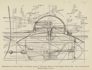 Facsímil de un boceto a lápiz de Ericsson, con una sección transversal de su monitor original (grabado) de American School
