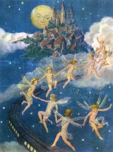 Hadas volando hacia un castillo en el cielo de American School