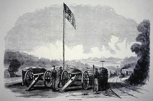 Batería de sacos de arena federal para proteger el ferrocarril durante la Guerra Civil Americana (1861-65) de American School