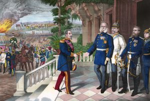 Guerra Franco-Prusiana 1870-1871: La rendición de Napoleón III después de la batalla de Sedan, 2 de septiembre de 1870. Grabado en color, americano, c1871 - Guerra de 1870: Napoleón III (1808-1873) prisionero tras la batalla de Sedan se encuentra con Guill