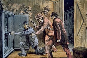 Frank y Jesse James roban el vagón expreso de un tren en 1879