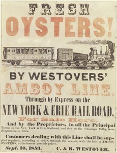 ¡Ostras frescas! Por la línea Amboy de Westover, a través del expreso en el ferrocarril de Nueva York y Erie, 10 de septiembre de 1853