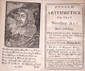 Frontispicio y página de título de Aritmética de Hodder o, Ese Arte Necesario Hecho más Fácil, por James Hodder, 1719 de American School