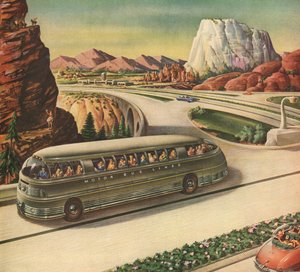 Autobús futurista viajando por una autopista en el suroeste americano de American School