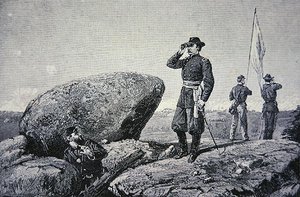 General G.K. Warren en la estación de señales en Little Round Top, Batalla de Gettysburg de American School