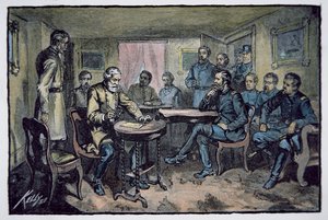 El General Robert E. Lee (1807-70) se rinde al General Ulysses S. Grant (1822-85) en el Palacio de Justicia de Appomattox, 9 de abril de 1865 de American School