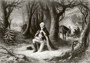 George Washington rezando en el campamento de la Guerra Revolucionaria Americana en Valley Forge durante el invierno de 1777-78, después de una pintura de Henry Brueckner de American School