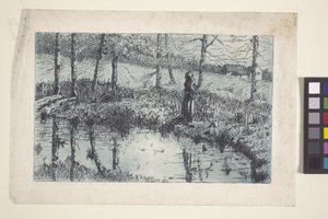 Girl By Pond (aguafuerte y plancha tono impreso en azul) de American School
